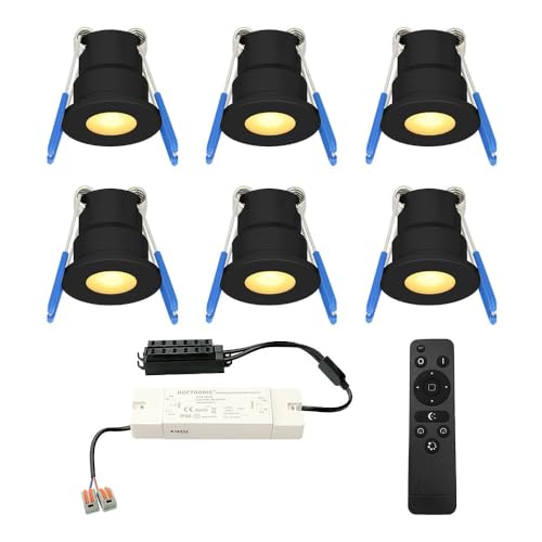 HOFTRONIC - Einbaustrahler Schwarz Feuchtraum Badezimmer 12V Terrassenüberdachung IP65 Wasserdicht | 6x3W 200 Lumen Warmweiß lichtfarbe Dimmbar RF-Fernbedienung. 3W Mini LED Einbaustrahler Flach 35mm von HOFTRONIC