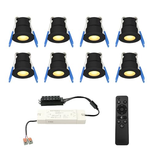 HOFTRONIC - Einbaustrahler Schwarz Feuchtraum Badezimmer 12V Terrassenüberdachung IP65 Wasserdicht | 8x3W 200 Lumen Warmweiß lichtfarbe Dimmbar RF-Fernbedienung. 3W Mini LED Einbaustrahler Flach 35mm von HOFTRONIC