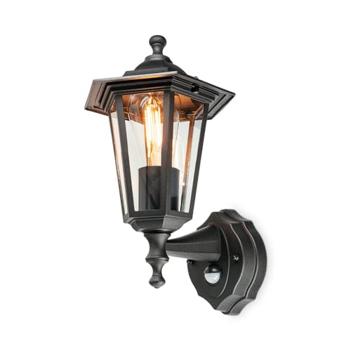 HOFTRONIC - Huron LED Wandleuchte mit Bewegungsmelder Klassisch E27 - IP44 Wasserdicht - Außenlampe 120° Sensor - Schwarz Aluminium - Außenwandleuchte - Haustürlampe von HOFTRONIC