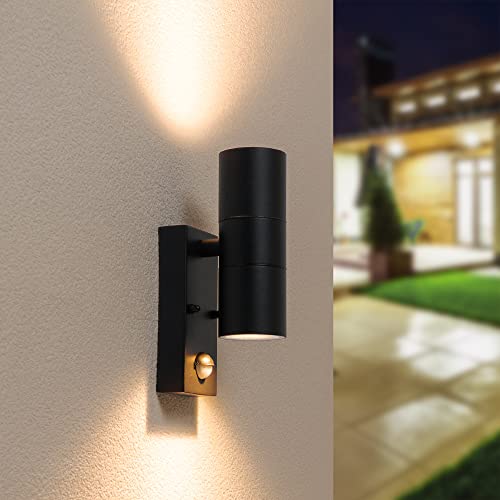 HOFTRONIC - LED Außenwandleuchte mit Bewegungsmelder und Dämmerungsschalter - GU10 2700K Warmweiß Schwarz - Up and Down wandleuchte - Moderne Wandlampe IP65 wasserdicht für Garten, Terrasse, Carport von HOFTRONIC