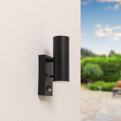 HOFTRONIC - LED Außenwandleuchte mit Bewegungsmelder und Dämmerungsschalter - GU10 Schwarz - Up and Down wandleuchte - Moderne Wandlampe IP65 wasserdicht für Garten, Terrasse und Carport von HOFTRONIC