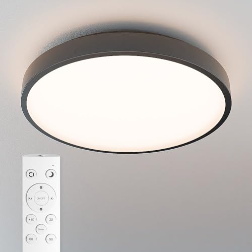 HOFTRONIC - LED Deckenlampe Badezimmer Schwarz 35 cm - Ultra Flach - 24 Watt Dimmbar mit Fernbedienung - CCT 3000K, 4000K, 6500K - IP44 Wasserdicht - Deckenleuchte Plafonniere von HOFTRONIC