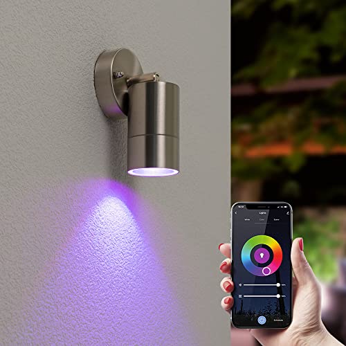 HOFTRONIC - Lago - Smart Home Wandleuchte Edelstahl - Schwenkbar - GU10 WiFi + Bluetooth - Farbig RGBWW - IP44 Wasserdicht für außen, innen und bad - Wandlampe Downlight von HOFTRONIC