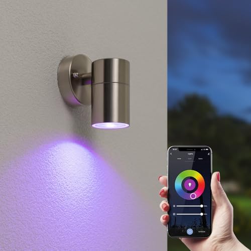 HOFTRONIC - Mason - Smart Home Wandleuchte Edelstahl - GU10 WiFi + Bluetooth - Farbig RGBWW - IP44 Wasserdicht für außen, innen und bad - Wandlampe Downlight von HOFTRONIC