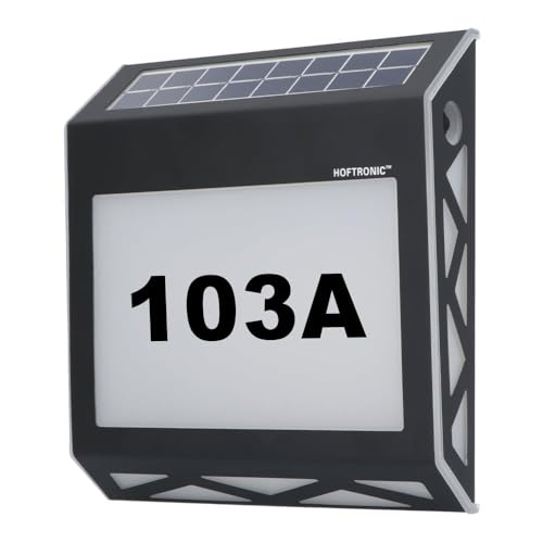 HOFTRONIC Numa - Solar beleuchtete Hausnummer mit 8 LEDs - Hausnummer Hausnummerleuchte mit Dämmerungsschalter aus Edelstahl Schwarz, 2700K Warmweiß IP65 Wasserdicht von HOFTRONIC