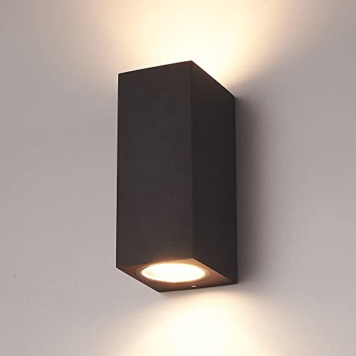 HOFTRONIC Selma - Außenwandleuchte Schwarz | Up and Downlight | 2x GU10 Fassung Dimmbar | Eckig Aluminium | IP65 wasserdicht | Außenlampe Wand für Garten, Flur, Badezimmer und Wohnzimmer von HOFTRONIC