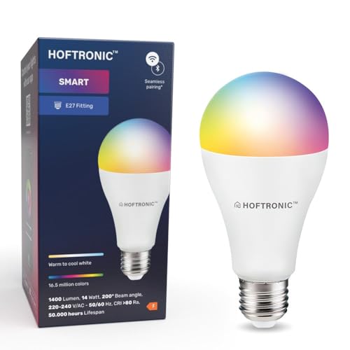 HOFTRONIC - Smart Home E27 LED Lampe - Farbig RGBWW - 14 Watt 1400lm - WiFi + Bluetooth - Steuerbar via Handy und Sprache (Google Home, Alexa und Siri) von HOFTRONIC