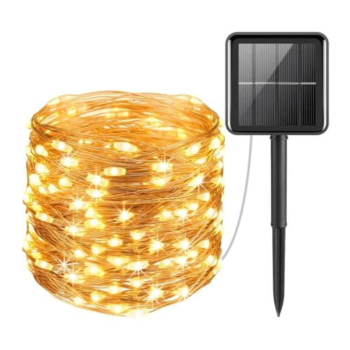 HOFTRONIC - Solar Lichterdraht außen Twinkle 10 Meter - 100 LEDs - 8 Lichtmodi - 3000K warmweiß - Dämmerungsschalter - IP44 wasserdicht - Kupferdraht - Lichterketten mit Solar Panel von HOFTRONIC