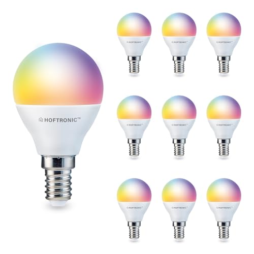 HOFTRONIC - Vorteilspackung 10er Smart Home E14 LED Lampe P45 - Farbig RGBWW - 5,5 Watt 470 Lumen - WiFi + Bluetooth - Steuerbar via Handy und Sprache (Google Home, Alexa und Siri) von HOFTRONIC