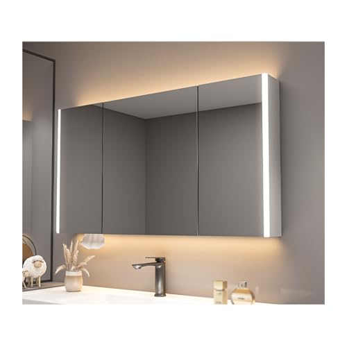 HOFUNTRE Badezimmerschrank Mit Spiegel，Badspiegel Hängeschrank Türen，LED Badezimmerspiegel，Massivholzplatte, Hochauflösender Spiegel, Intelligente Antibeschlagfunktion(White,A_120*70CM/47.2 * 27.5IN) von HOFUNTRE