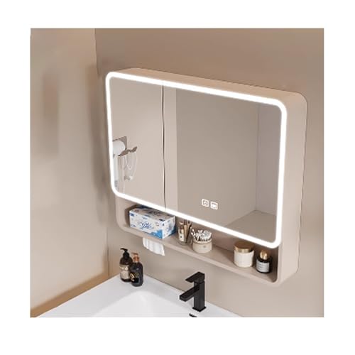 HOFUNTRE Hängeschrank Spiegelschrank Fürs Bad ，Badezimmerschrank Mit Spiegel，Hängeschrank Badspiegel，Abgerundete Ecken, Effiziente Entfeuchtung, Große Speicherkapazität(Cream,70cm/27.5in) von HOFUNTRE