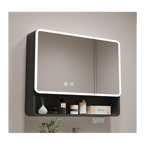 HOFUNTRE Hängeschrank Spiegelschrank Fürs Bad ，Spiegelschrank Mit Beleuchtung，Antibeschlag-Design, Aluminiumlegierungsmaterial, Große Speicherkapazität(Black,68 * 70cm/26.7 * 27.5in) von HOFUNTRE