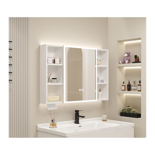 HOFUNTRE Mutital Spiegelschrank，Hängeschrank Spiegelschrank Fürs Bad ，Badspiegel Hängeschrank Mit Türen，Aluminiumlegierungsmaterial, Antibeschlagdesign(White,90 * 68cm/35.4 * 26.7in) von HOFUNTRE