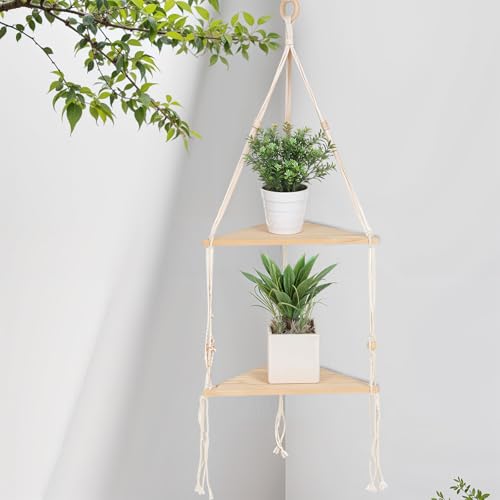 HOFURME Eckregal Weiß Wandbehang - 2 Etagen Holz Schweberegale, Rustikales Boho Wandregal Dekor Handgemachte Gewebte Weiße Seil Beige Hängende Schweberegale für Pflanzen Töpfe Fotorahmen von HOFURME