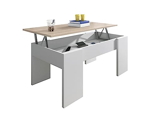 HOGAR24 ES | Höhenverstellbarer Couchtisch | Wohnzimmertisch | Weiß mit Deckel aus Cambrian Eiche, Maße: 90 cm x 50 cm x 46 cm / 56 cm (Breite x Tiefe x Höhe) von HOGAR24 ES