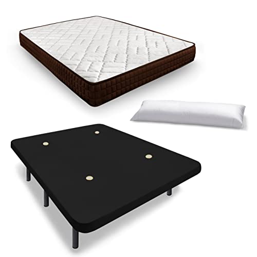 HOGAR24 ES Komplettes Bett, Matratze Viscosoft Dream Flex 15 + gepolsterte Unterseite Farbe Schwarz mit atmungsaktivem Stoff und 6 Füßen + Kissen Faser, Maße: 135 x 190 cm von HOGAR24 ES