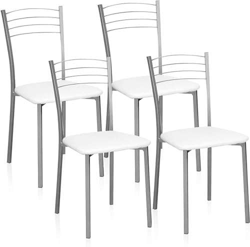 HOGAR24 ES Set mit 4 Stühlen für Küche, Esszimmerstühle, Modell Nova | Metallstühle | Grau und Weiß | Maße: 40 cm (Breite) x 41 cm (L) x 85 cm (H) von HOGAR24 ES