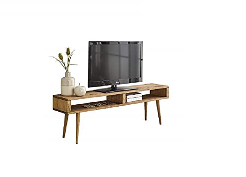 HOGAR24 ES TV-Tisch, TV-Möbel, Wohnzimmer, Vintage-Design, 2 Löcher, Massivholz, natürliches Holz, handgefertigt, 140 cm x 40 cm x 30 cm von HOGAR24 ES