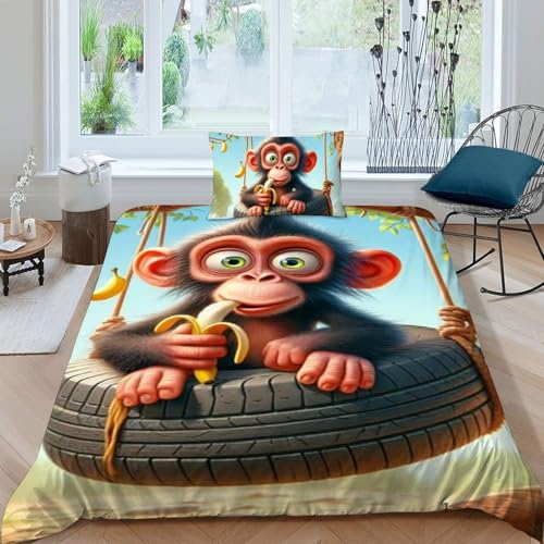 HOGDISAJD AFFE Bettwäsche Set Tier 3D Bettbezug Set Bettwäsche Für Kinder Jungen Männer Weiche Mikrofaser Set Mit Reißverschluss Single（135x200cm） von HOGDISAJD