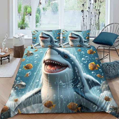 HOGDISAJD Badehai Bettwäsche Feder Marine Tiers 3D Gedruckt Bettdeckenbezug Mit 2 Kopfkissenbezüge LuxusBettwäsche Sets 3 Stück Für Jungen Und Mädchen Super König（260x220cm） von HOGDISAJD