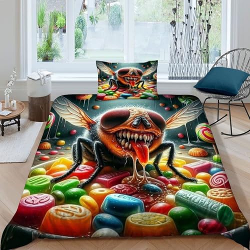 HOGDISAJD Big Auged Fly Bettbezug Weiche Feder Cute Tiers 3D Effekt Mit 1 Kopfkissenbezüge Luxus Bettbezug Set 2teilig Für Jugendliche Kinder Single（135x200cm） von HOGDISAJD