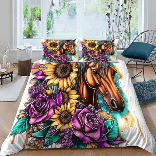HOGDISAJD Braun Pferd Bettbezug Feder SonneBlumen 3D Gedruckt Bettdeckenbezug Mit 2 Kopfkissenbezüge LuxusBettwäsche Sets 3 Stück Für Jungen Und Mädchen Super König（260x220cm） von HOGDISAJD