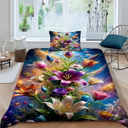 HOGDISAJD Bunte Blumen Bettbezug Feder Pflanze 3D Gedruckt Bettdeckenbezug Mit 1 Kopfkissenbezüge LuxusBettwäsche Sets 2teilig Für Jungen Und Mädchen Single（135x200cm） von HOGDISAJD