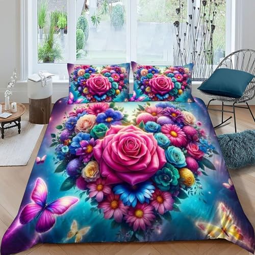HOGDISAJD Bunte Blumen Bettbezug Feder Pflanze 3D Gedruckt Bettdeckenbezug Mit 2 Kopfkissenbezüge Luxus Bettbezug Set 3teilig Für Jungen Und Mädchen Super König（260x220cm） von HOGDISAJD