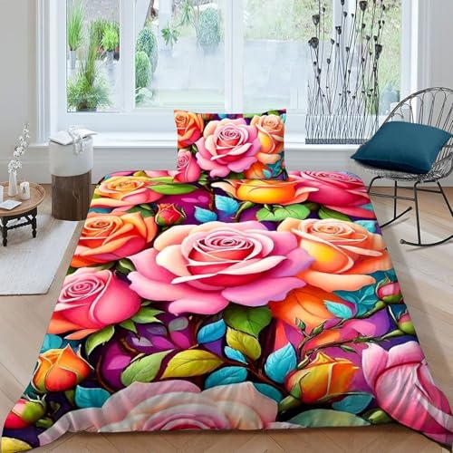 HOGDISAJD Bunte Blumen Bettbezug Weiche Feder Pflanze 3D Gedruckt Bettdeckenbezug Mit 1 Kopfkissenbezüge Luxus Bettbezug Set 2teilig Zimmer Dekorative Single（135x200cm） von HOGDISAJD