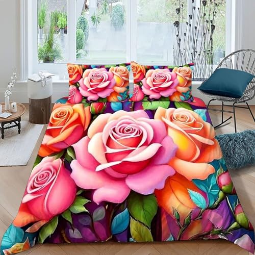 HOGDISAJD Bunte Blumen Bettbezug Weiche Feder Pflanze 3D Gedruckt Bettdeckenbezug Und 2 Kissenbezug LuxusBettwäsche Sets 3teilig Für Jungen Und Mädchen Super König（260x220cm） von HOGDISAJD