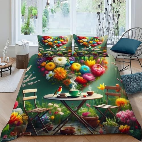 HOGDISAJD Bunte Blumen Bettbezug Weiche Feder herzförmig 3D Gedruckt Bettdeckenbezug + 2 Kissenbezug LuxusBettwäsche Sets 3 Stück Für Jungen Und Mädchen König（220x240cm） von HOGDISAJD