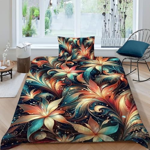 HOGDISAJD Bunte Blumen Bettwäsche Feder Pflanze 3D Gedruckt Bettdeckenbezug Mit 1 Kopfkissenbezüge LuxusBettwäsche Sets 2 Stück Für Jungen Und Mädchen Single（135x200cm） von HOGDISAJD