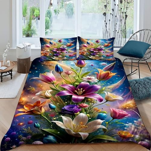 HOGDISAJD Bunte Blumen Bettwäsche Feder Pflanze 3D Gedruckt Bettdeckenbezug Mit Reißverschluss Luxus Bettbezug Set 3Pcs Für Jungen Und Mädchen Super König（260x220cm） von HOGDISAJD