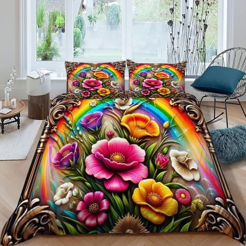 HOGDISAJD Bunte Blumen Bettwäsche Feder Regenbogen 3D Gedruckt Bettdeckenbezug Mit 2 Kopfkissenbezüge LuxusBettwäsche Sets 3 Stück Für Jungen Und Mädchen Super König（260x220cm） von HOGDISAJD