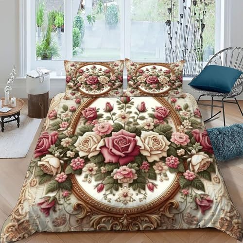 HOGDISAJD Bunte Blumen Bettwäsche Weiche Feder Pflanze 3D Effekt Mit 2 Kopfkissenbezüge Luxus Bettbezug Set 3teilig Jugendliche Kinder König（220x240cm） von HOGDISAJD