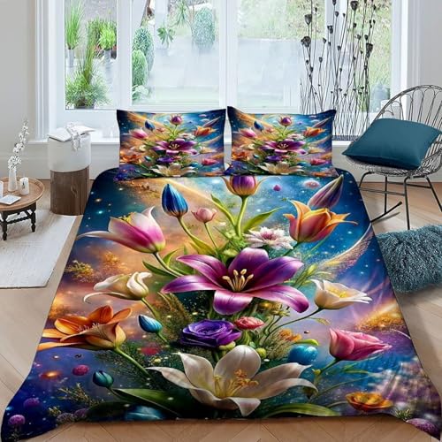 HOGDISAJD Bunte Blumen Bettwäsche Weiche Feder Pflanze 3D Gedruckt Luxus Bettbezug Set Mit Reißverschluss Bettdeckenbezug 3teilig Zimmer Dekorative Double（200x200cm） von HOGDISAJD
