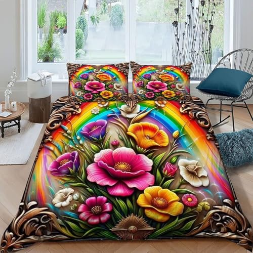 HOGDISAJD Bunte Blumen Bettwäsche Weiche Feder Regenbogen 3D Gedruckt LuxusBettwäsche Sets Mit Reißverschluss Bettdeckenbezug 3 Stück Zimmer Dekorative Double（200x200cm） von HOGDISAJD