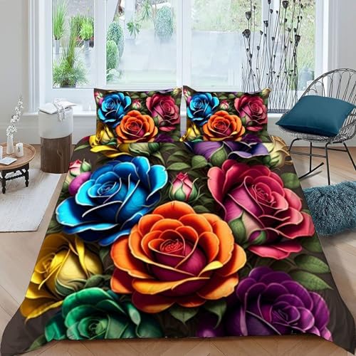 HOGDISAJD Bunte Rose Bettbezug Feder Pflanze 3D Gedruckt Bettdeckenbezug Mit 2 Kopfkissenbezüge Luxus Bettbezug Set 3 Stück Für Jungen Und Mädchen Double（200x200cm） von HOGDISAJD
