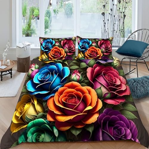 HOGDISAJD Bunte Rose Bettwäsche Weiche Feder Pflanze 3D Gedruckt Bettdeckenbezug Mit 2 Kopfkissenbezüge Luxus Bettbezug Set 3teilig Zimmer Dekorative König（220x240cm） von HOGDISAJD