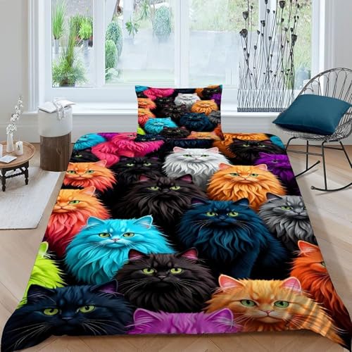 HOGDISAJD Colorful Katzes Bettbezug Weiche Feder Cute Tiers 3D Gedruckt Bettdeckenbezug Und 1 Kissenbezug LuxusBettwäsche Sets 2teilig Für Jungen Und Mädchen Single（135x200cm） von HOGDISAJD