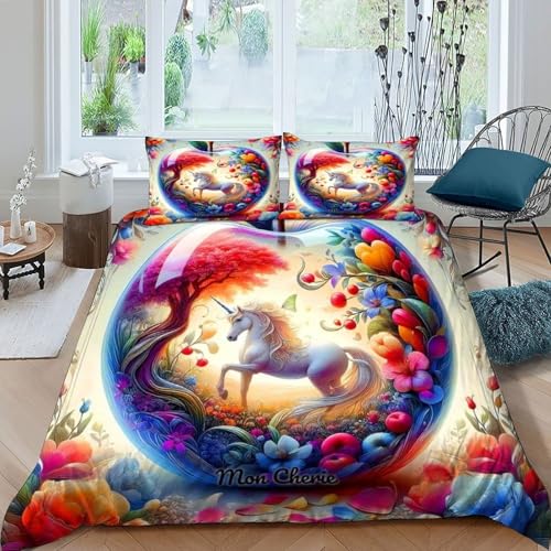 HOGDISAJD Einhorn Bettbezug Weiche Feder Apfel drucken 3D Gedruckt Bettdeckenbezug Und 2 Kissenbezug Luxus Bettbezug Set 3teilig Für Jungen Und Mädchen Double（200x200cm） von HOGDISAJD