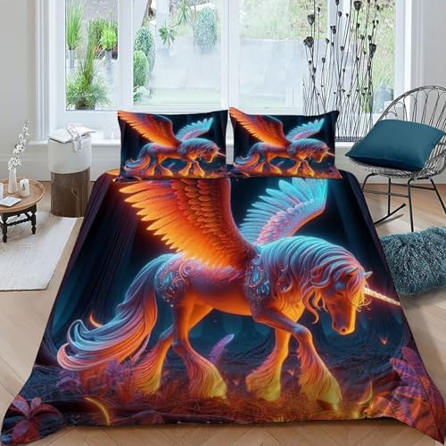 HOGDISAJD Einhorn Bettbezug Weiche Feder Tier 3D Effekt LuxusBettwäsche 3 Stück Mit 2 Kopfkissenbezüge Sets Für Jungen Und Mädchen König（220x240cm） von HOGDISAJD
