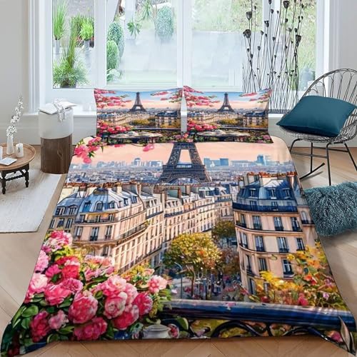 HOGDISAJD Eisenturm Bettwäsche Feder Landschaft 3D Gedruckt Bettdeckenbezug Mit 2 Kopfkissenbezüge Luxus Bettbezug Set 3teilig Für Jungen Und Mädchen König（220x240cm） von HOGDISAJD