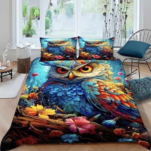 HOGDISAJD Eule Bettbezug Weiche Feder Cute Tiers 3D Gedruckt Bettdeckenbezug + 2 Kissenbezug LuxusBettwäsche Sets 3teilig Für Jungen Und Mädchen Double（200x200cm） von HOGDISAJD
