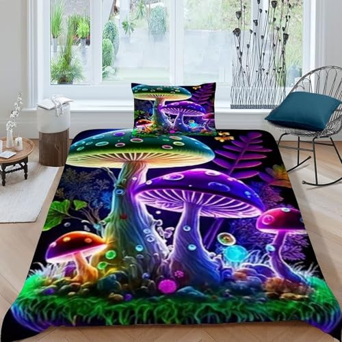 HOGDISAJD Farbige Pilze Bettwäsche Weiche Feder Pflanze 3D Effekt Mit 1 Kopfkissenbezüge Luxus Bettbezug Set 2teilig Jugendliche Kinder Single（135x200cm） von HOGDISAJD