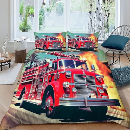 HOGDISAJD Feuerwehrmaschine Bettbezug Feder Flamme 3D Gedruckt Bettdeckenbezug Mit 2 Kopfkissenbezüge Luxus Bettbezug Set 3teilig Für Jungen Und Mädchen Super King（260x220cm） von HOGDISAJD