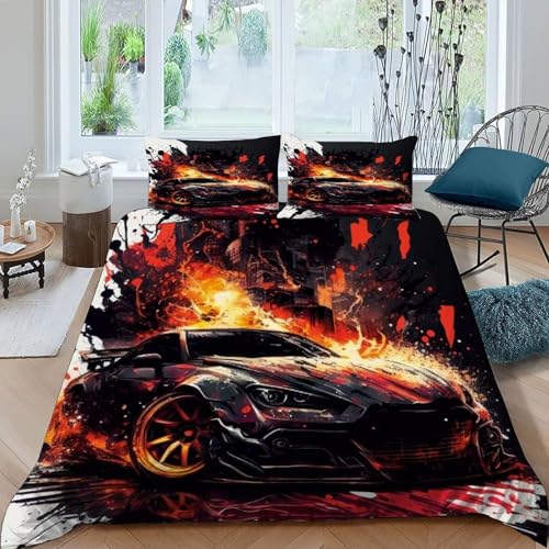 HOGDISAJD Flamme Sportwagen Bettwäsche Weiche Feder Auto 3D Gedruckt Luxus Bettbezug Set Mit Reißverschluss Bettdeckenbezug 3teilig Zimmer DekoRatteive Double（200x200cm） von HOGDISAJD
