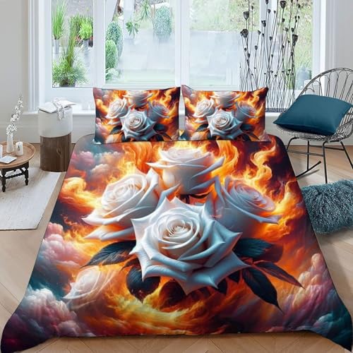 HOGDISAJD Flamme White Blumen Bettbezug Weiche Feder Pflanze 3D Gedruckt Bettdeckenbezug + 2 Kissenbezug LuxusBettwäsche Sets 3teilig Für Jungen Und Mädchen Double（200x200cm） von HOGDISAJD