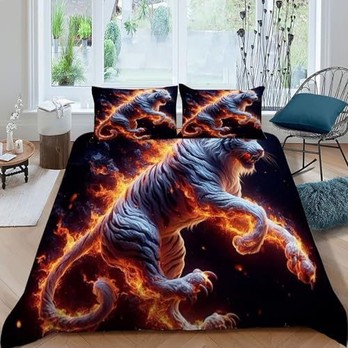 HOGDISAJD Flamme weißer Tiger Bettbezug Weiche Feder Flamme 3D Gedruckt Bettdeckenbezug + 2 Kissenbezug LuxusBettwäsche Sets 3 Stück Für Jungen Und Mädchen Super König（260x220cm） von HOGDISAJD