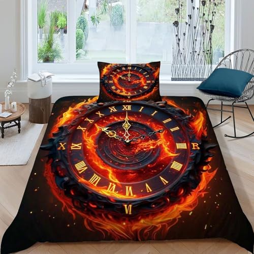 HOGDISAJD Flammenuhr Bettwäsche Weiche Feder Flamme 3D Gedruckt Bettdeckenbezug + 1 Kissenbezug LuxusBettwäsche Sets 2 Stück Für Kinder Jugendliche Single（135x200cm） von HOGDISAJD